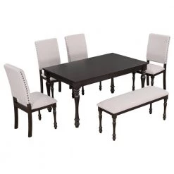 Espresso 6-Piece Wood Dining Table Set Rectangular Table with Turned Legs 4 Upholstered Chairs and Bench for Dining Room by Unbranded