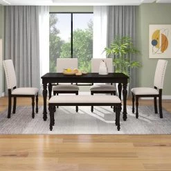 Espresso 6-Piece Wood Dining Table Set Rectangular Table with Turned Legs 4 Upholstered Chairs and Bench for Dining Room by Unbranded -Boraam Sales Store espresso unbranded dining room sets ec dse 8151 76 1000
