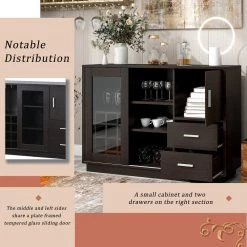 Espresso Kitchen Storage Cabinet Sideboard with Glass Sliding Door, 16 Bar Wine Compartment, Wine Glass Holders by Unbranded -Boraam Sales Store espresso unbranded kitchen islands aybszhd986 1f 1000