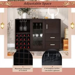 Espresso Kitchen Storage Cabinet Sideboard with Glass Sliding Door, 16 Bar Wine Compartment, Wine Glass Holders by Unbranded -Boraam Sales Store espresso unbranded kitchen islands aybszhd986 44 1000
