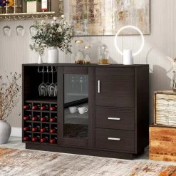 Espresso Kitchen Storage Cabinet Sideboard with Glass Sliding Door, 16 Bar Wine Compartment, Wine Glass Holders by Unbranded