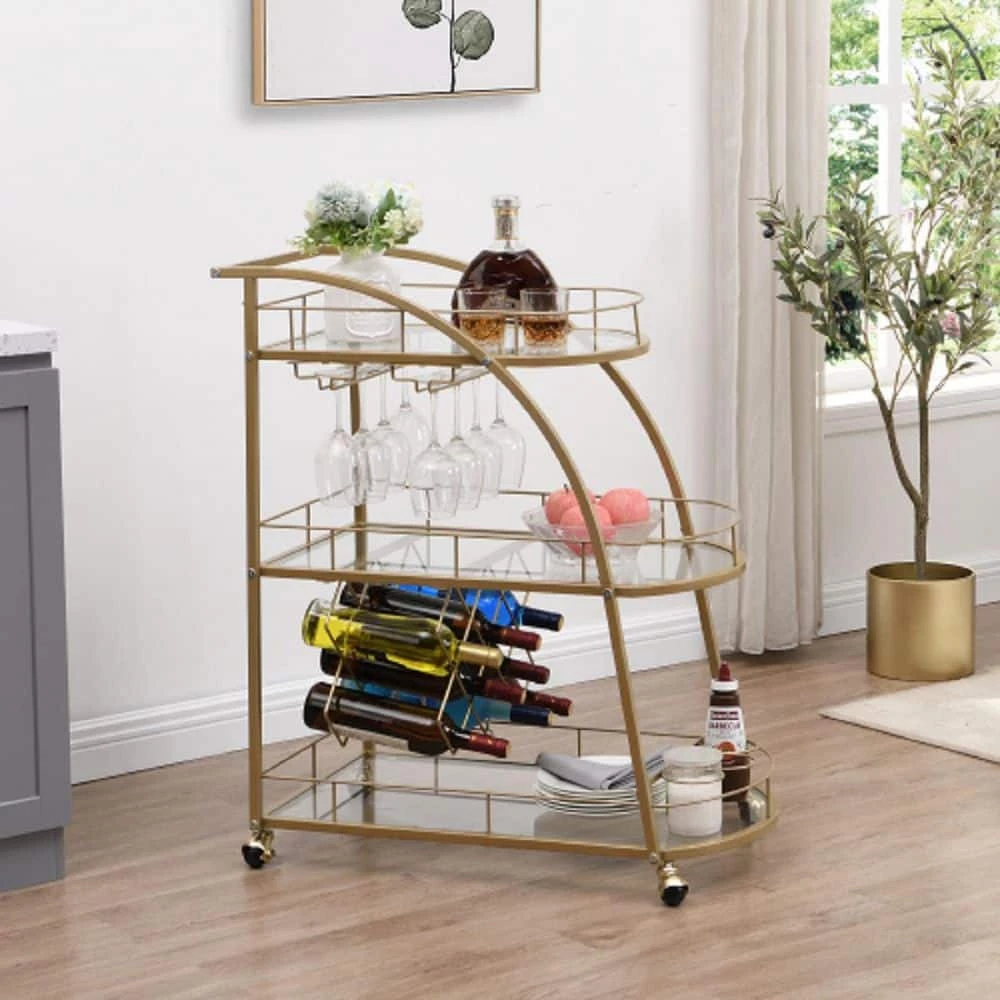 Golden Mobile Bar Cart Serving Wine Cart with Wheels, 3-tier Metal Frame Elegant Wine Rack for Kitchen, Party by Unbranded 3 Golden Mobile Bar Cart Serving Wine Cart with Wheels, 3-tier Metal Frame Elegant Wine Rack for Kitchen, Party by Unbranded