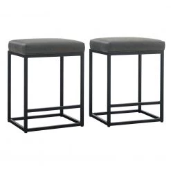 24 in. Gray Leather Cushion and Black Metal Frame Metal Bar Stool (2-pieces) by Unbranded
