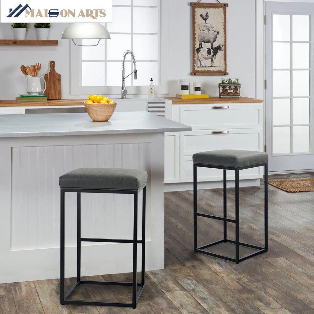 30 in. Gray Leather Cushion and Black Metal Frame Metal Bar Stool (2-pieces) by Unbranded 5 30 in. Gray Leather Cushion and Black Metal Frame Metal Bar Stool (2-pieces) by Unbranded - Image 3