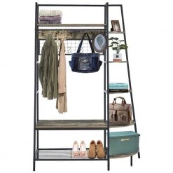 Freestanding Industrial Rustic Gray Clothes Rack, Garment Rack with 5-Tier Shelves, Shoes Rack & Hooks by Unbranded