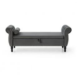 63 in. W x 22.1 in. D x 24 in. H Gray Velvet Tufted Storage Bench With A Pillow by Unbranded