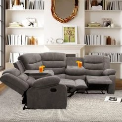 129.5 in. W 3-Piece Polyester Sectional Sofa With Reclining Chair and 4-Cup Holders for Living Room Furniture in Gray by Unbranded -Boraam Sales Store gray unbranded sectional sofas gy s recliner 4f 1000