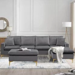 110.6 in.W Square Arm Velvet L Shaped Combination Sofa With Ottoman in Gray by Unbranded -Boraam Sales Store gray unbranded sofas couches cuu0425aaa 31 1000