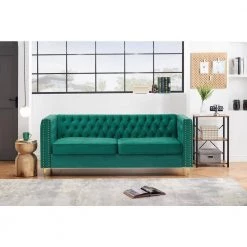 80.7 in. W Square Arm Chesterfield Velvet 3-Seater Straight Sofa with Nail Head and Gold Metal Feet in Green by Unbranded -Boraam Sales Store green unbranded sofas couches ec sfg 8124 1d 1000