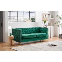 80.7 in. W Square Arm Chesterfield Velvet 3-Seater Straight Sofa with Nail Head and Gold Metal Feet in Green by Unbranded -Boraam Sales Store green unbranded sofas couches ec sfg 8124 1f 1000