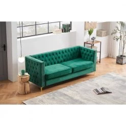 80.7 in. W Square Arm Chesterfield Velvet 3-Seater Straight Sofa with Nail Head and Gold Metal Feet in Green by Unbranded -Boraam Sales Store green unbranded sofas couches ec sfg 8124 31 1000