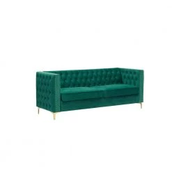 80.7 in. W Square Arm Chesterfield Velvet 3-Seater Straight Sofa with Nail Head and Gold Metal Feet in Green by Unbranded