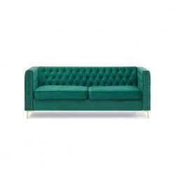 80.7 in. W Square Arm Chesterfield Velvet 3-Seater Straight Sofa with Nail Head and Gold Metal Feet in Green by Unbranded -Boraam Sales Store green unbranded sofas couches ec sfg 8124 66 1000