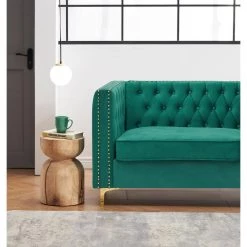 80.7 in. W Square Arm Chesterfield Velvet 3-Seater Straight Sofa with Nail Head and Gold Metal Feet in Green by Unbranded -Boraam Sales Store green unbranded sofas couches ec sfg 8124 d4 1000
