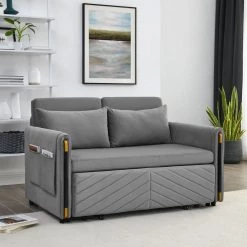 54 in. Gray Velvet Full Modern Convertible Sofa Bed With 2-Detachable Arm Pockets With Pull Out Bed and Headboard by Unbranded -Boraam Sales Store grey unbranded sofa beds gm h 516 31 1000