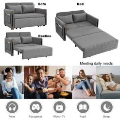 54 in. Gray Velvet Full Modern Convertible Sofa Bed With 2-Detachable Arm Pockets With Pull Out Bed and Headboard by Unbranded -Boraam Sales Store grey unbranded sofa beds gm h 516 44 1000