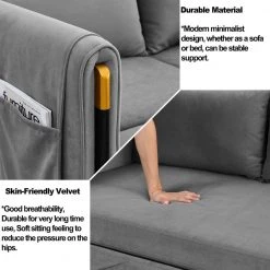 54 in. Gray Velvet Full Modern Convertible Sofa Bed With 2-Detachable Arm Pockets With Pull Out Bed and Headboard by Unbranded -Boraam Sales Store grey unbranded sofa beds gm h 516 4f 1000