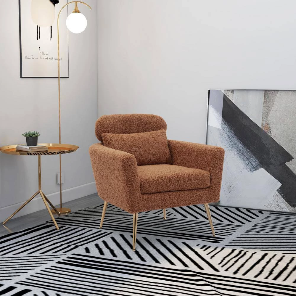29.5" W Light Brown Modern Chenille Upholstery Chair Armchair Upholstered with Gold Metal Legs and Throw Pillow by Unbranded 7 29.5" W Light Brown Modern Chenille Upholstery Chair Armchair Upholstered with Gold Metal Legs and Throw Pillow by Unbranded - Image 5