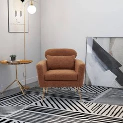 29.5" W Light Brown Modern Chenille Upholstery Chair Armchair Upholstered with Gold Metal Legs and Throw Pillow by Unbranded 17 29.5" W Light Brown Modern Chenille Upholstery Chair Armchair Upholstered with Gold Metal Legs and Throw Pillow by Unbranded -Boraam Sales Store light brown unbranded accent chairs gm h 291 31 1000