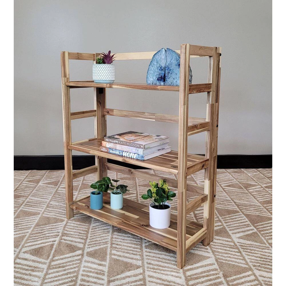 34 in. Natural Acacia 3-Shelf Folding Etagere Bookcase by Unbranded 10 34 in. Natural Acacia 3-Shelf Folding Etagere Bookcase by Unbranded - Image 8