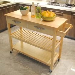 Natural Kitchen Cart with Wood Natural Top and 2-Drawer, 2-Shelf and Kitchen Island with 2 Wheels with Brake by Unbranded -Boraam Sales Store natural unbranded kitchen carts aybszhd837 4f 1000