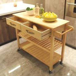 Natural Kitchen Cart with Wood Natural Top and 2-Drawer, 2-Shelf and Kitchen Island with 2 Wheels with Brake by Unbranded