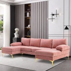 110.63 in.W Modern Pink U-shaped Chenille Sofa With Gold Metal Legs by Unbranded -Boraam Sales Store pink unbranded sectional sofas cuus00008 31 1000