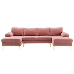 110.63 in.W Modern Pink U-shaped Chenille Sofa With Gold Metal Legs by Unbranded