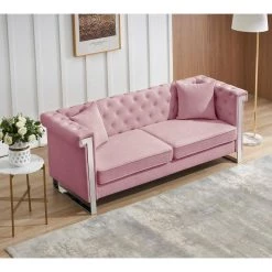 77.56 in. W Square Arms Button Chenille Fabric 3-Seater Straight Sofa with 2-Pillow in Pink by Unbranded 25 77.56 in. W Square Arms Button Chenille Fabric 3-Seater Straight Sofa with 2-Pillow in Pink by Unbranded -Boraam Sales Store pink unbranded sofas couches ec sfpk 8112 31 1000