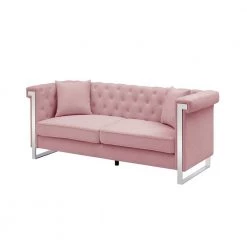 77.56 in. W Square Arms Button Chenille Fabric 3-Seater Straight Sofa with 2-Pillow in Pink by Unbranded
