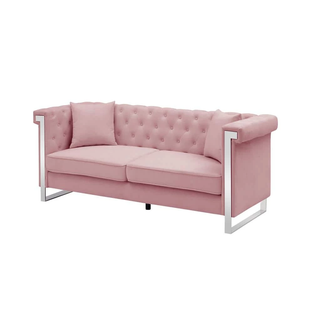 77.56 in. W Square Arms Button Chenille Fabric 3-Seater Straight Sofa with 2-Pillow in Pink by Unbranded 3 77.56 in. W Square Arms Button Chenille Fabric 3-Seater Straight Sofa with 2-Pillow in Pink by Unbranded