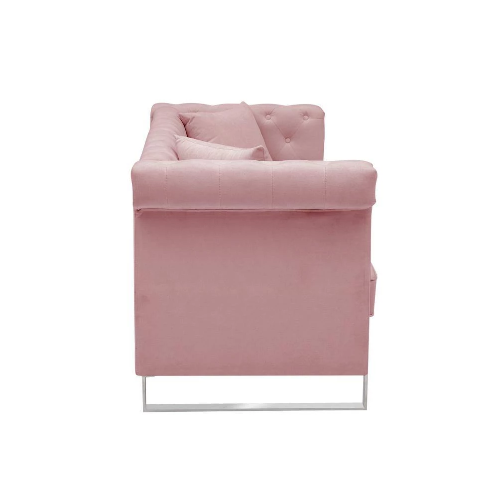 77.56 in. W Square Arms Button Chenille Fabric 3-Seater Straight Sofa with 2-Pillow in Pink by Unbranded 4 77.56 in. W Square Arms Button Chenille Fabric 3-Seater Straight Sofa with 2-Pillow in Pink by Unbranded - Image 2