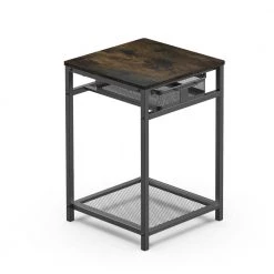 15.74 in. Rustic Brown Square Wood End Table With Grid Storage Drawer by Unbranded