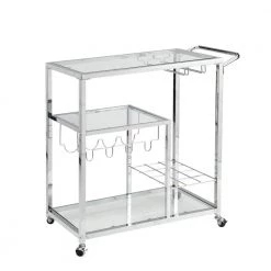 Silver Bar Serving Cart Tempered Glass Metal Frame Wine Storage by Unbranded