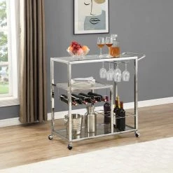 Silver Bar Serving Cart Tempered Glass Metal Frame Wine Storage by Unbranded -Boraam Sales Store silver unbranded kitchen carts aybszhd740 fa 1000