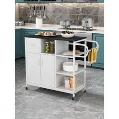 White-Black MDF Kitchen Cart with Roller by Unbranded -Boraam Sales Store white black unbranded kitchen carts aybszhd1380 31 1000
