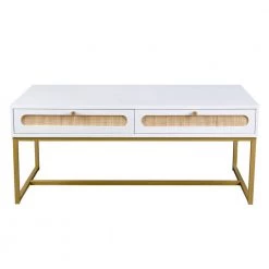 42.13 in. White Large Rectangle Manufactured Wood Coffee Table with 2 Rattan Drawers and Metal Legs by Unbranded