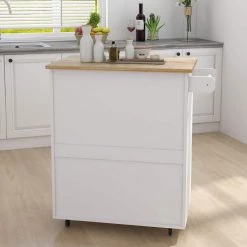 White Kitchen Island Rolling Cart with Towel Rack Rubber Wood Table Top, Kitchen Trolley with Breakfast Bar by Unbranded -Boraam Sales Store white unbranded kitchen carts aybszhd855 66 1000