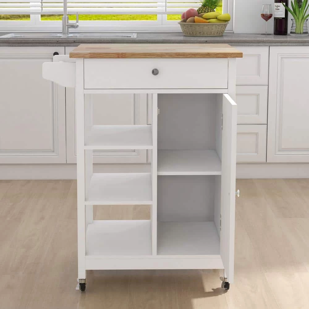 White Kitchen Island Cart with Rolling Wheel & Wood Table Top & Towel Rack, Kitchen Trolley with Ample Storage Space by Unbranded 7 White Kitchen Island Cart with Rolling Wheel & Wood Table Top & Towel Rack, Kitchen Trolley with Ample Storage Space by Unbranded - Image 5