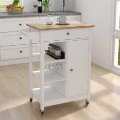 White Kitchen Island Cart with Rolling Wheel & Wood Table Top & Towel Rack, Kitchen Trolley with Ample Storage Space by Unbranded