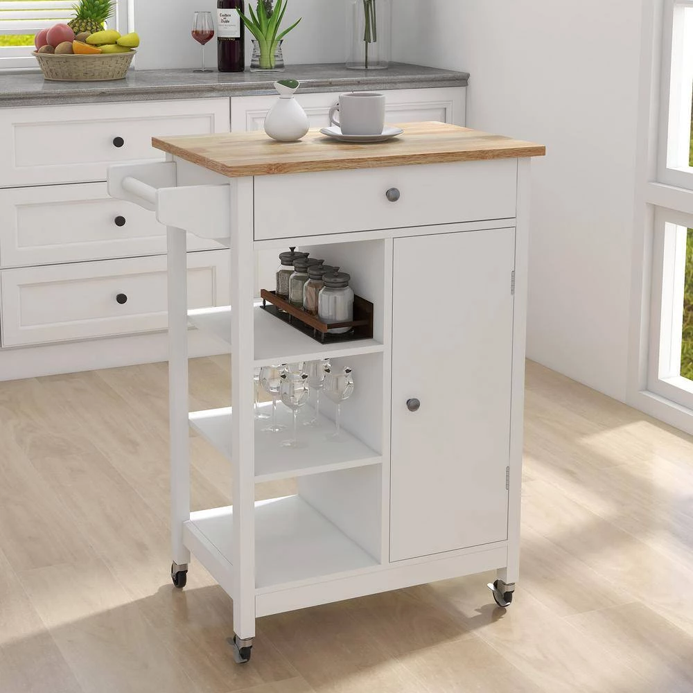 White Kitchen Island Cart with Rolling Wheel & Wood Table Top & Towel Rack, Kitchen Trolley with Ample Storage Space by Unbranded 3 White Kitchen Island Cart with Rolling Wheel & Wood Table Top & Towel Rack, Kitchen Trolley with Ample Storage Space by Unbranded