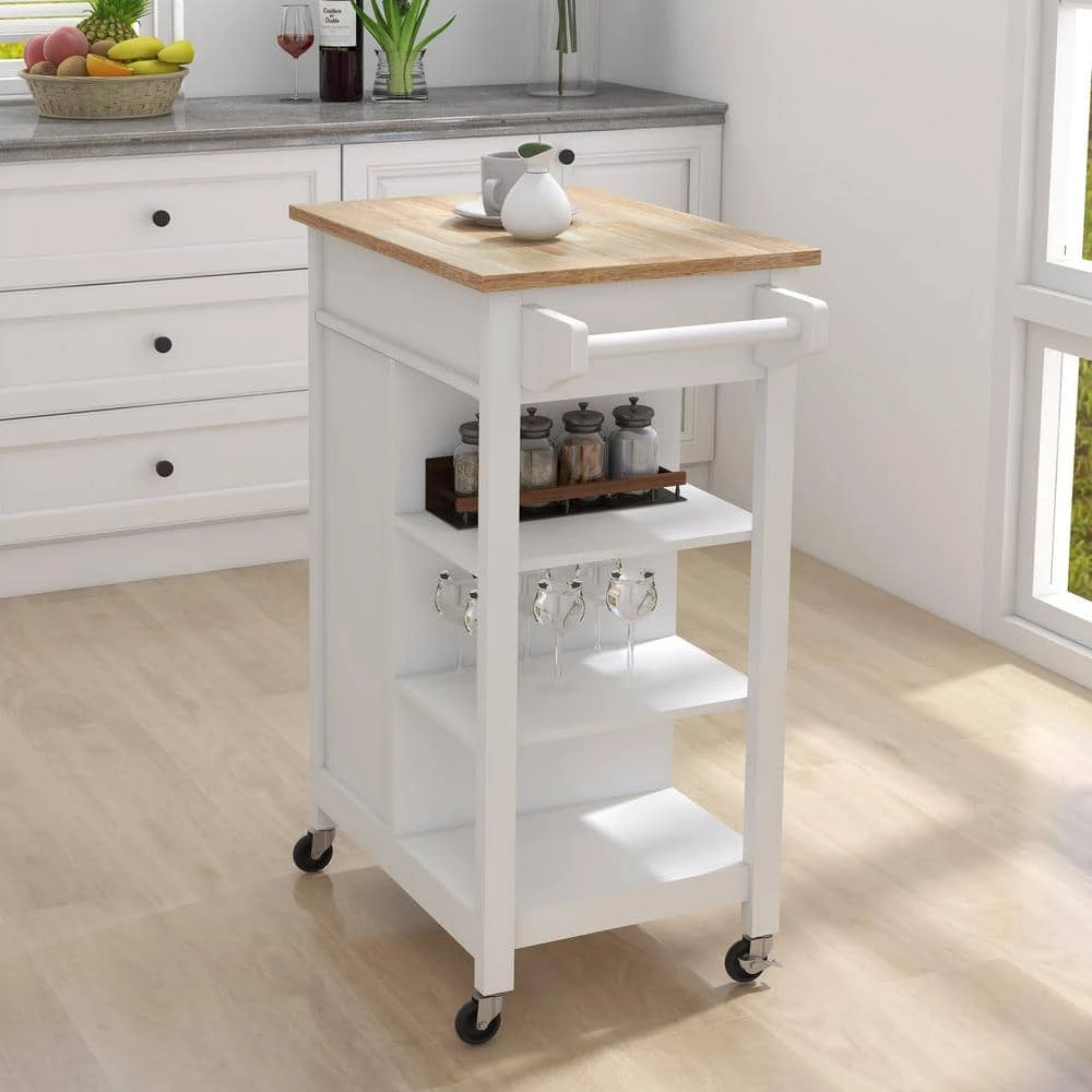 White Kitchen Island Cart with Rolling Wheel & Wood Table Top & Towel Rack, Kitchen Trolley with Ample Storage Space by Unbranded 4 White Kitchen Island Cart with Rolling Wheel & Wood Table Top & Towel Rack, Kitchen Trolley with Ample Storage Space by Unbranded - Image 2