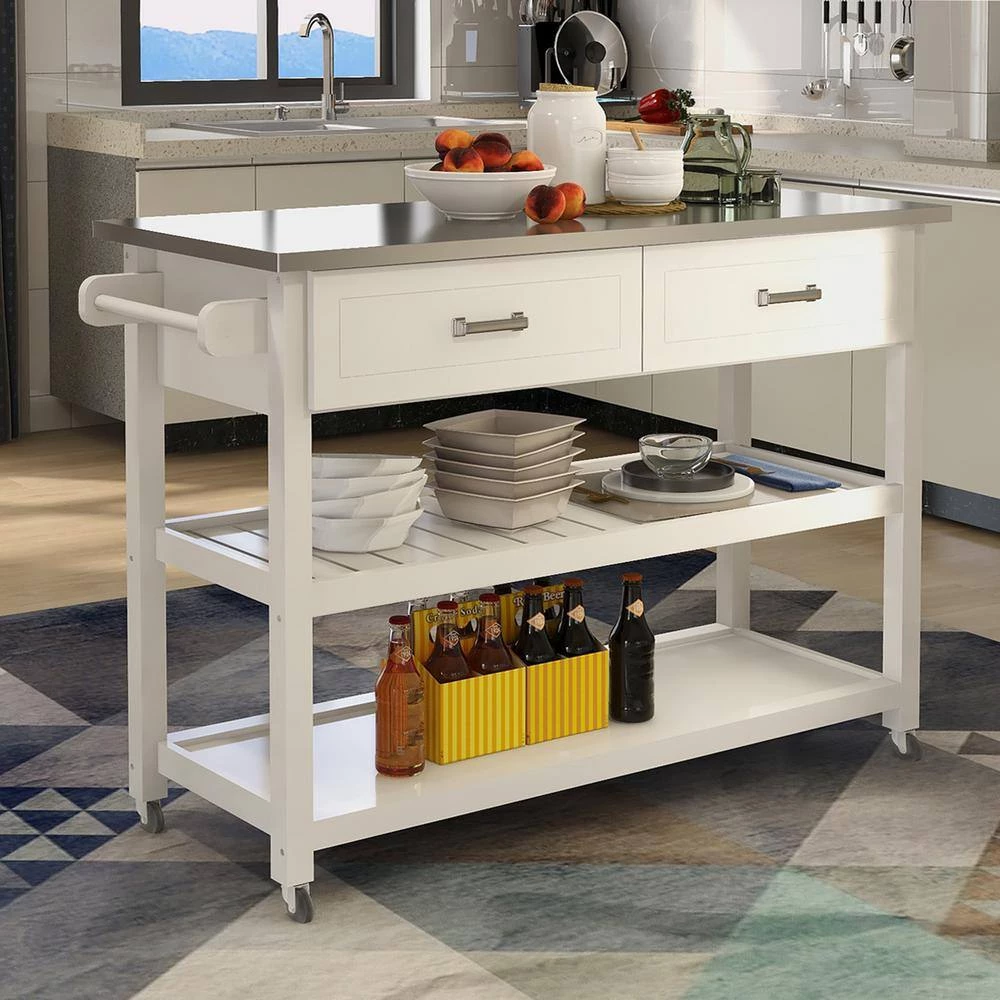 Stainless Steel Tabletop White Kitchen Island Cart with 2-Drawers by Unbranded 8 Stainless Steel Tabletop White Kitchen Island Cart with 2-Drawers by Unbranded - Image 6