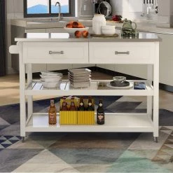 Stainless Steel Tabletop White Kitchen Island Cart with 2-Drawers by Unbranded