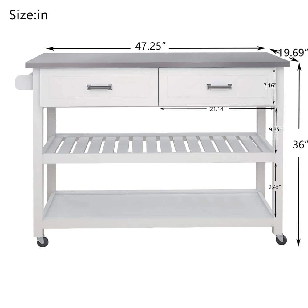 Stainless Steel Tabletop White Kitchen Island Cart with 2-Drawers by Unbranded 4 Stainless Steel Tabletop White Kitchen Island Cart with 2-Drawers by Unbranded - Image 2