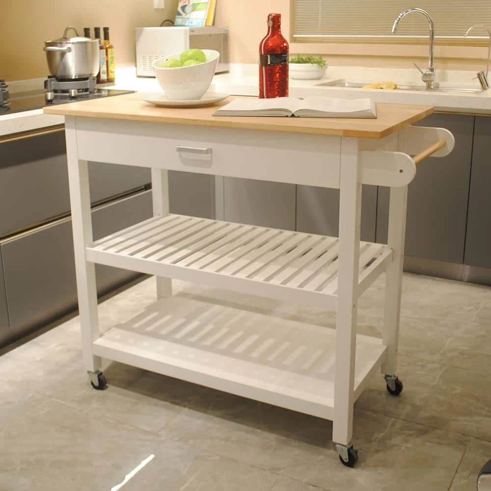 White Kitchen Island Cart with Rolling Wheels in Brake and 2-Shelves and Drawers Kitchen Storage Island with Towel Rack by Unbranded 3 White Kitchen Island Cart with Rolling Wheels in Brake and 2-Shelves and Drawers Kitchen Storage Island with Towel Rack by Unbranded