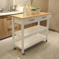White Kitchen Island Cart with Wooden Tabletop and Rolling Wheel and 2-Shelves and 2-Large Drawers Rolling Storage Cart by Unbranded