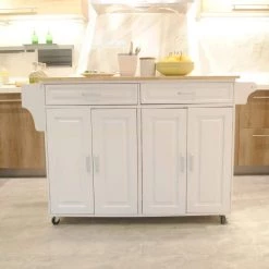 White Kitchen Island with Solid Wood Table Top, 2-Drawer, 2-Door Cabinet, Spice Rack and Towel Rack by Unbranded -Boraam Sales Store white unbranded kitchen islands aybszhd1245 31 1000