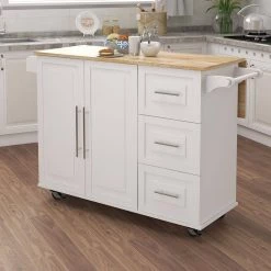 White Kitchen Island with Extensible Solid Wood Folding Table Top and Towel Rack by Unbranded -Boraam Sales Store white unbranded kitchen islands aybszhd657 fa 1000