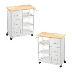 White Kitchen Islands with Storage Lockable Utility Kitchen Carts On Wheels with Countertop Drawer Open Shelves Set of 2 by Unbranded